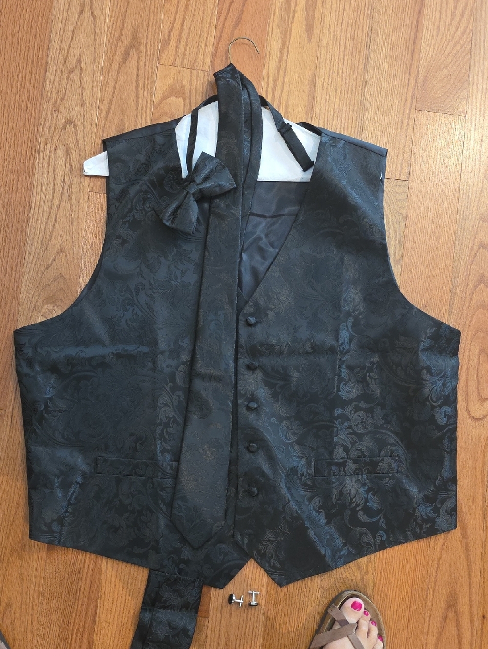 Men's Black Brocade Vest with Matching Tie and Bow Tie
